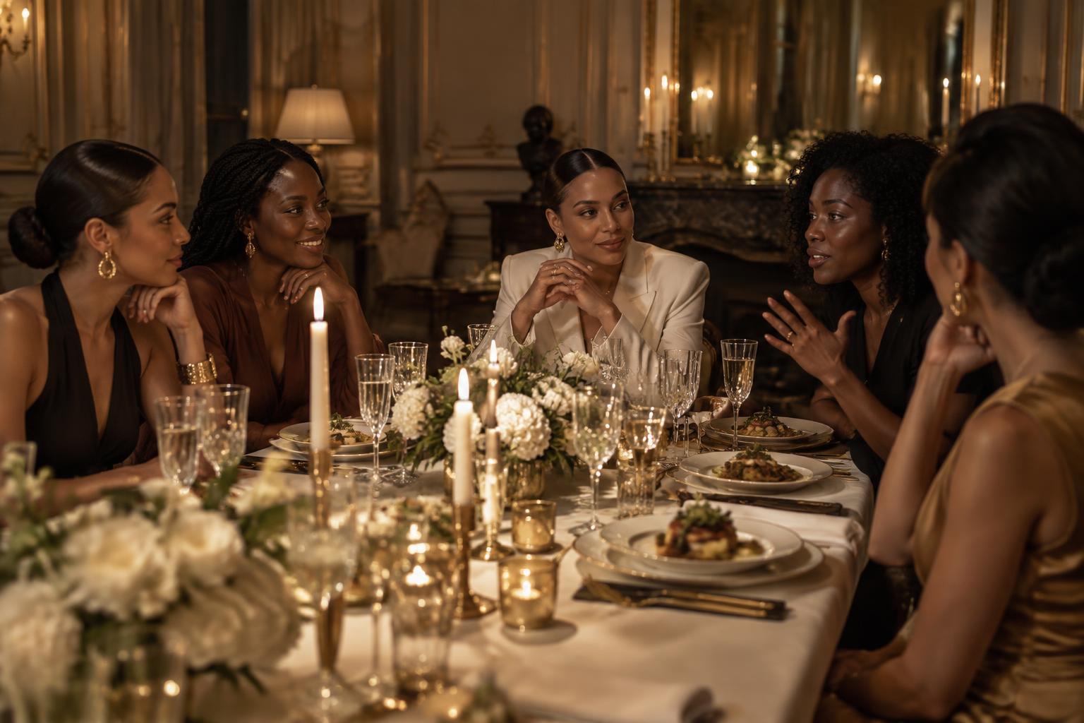 Dîner chaleureux entre femmes dans un salon élégant