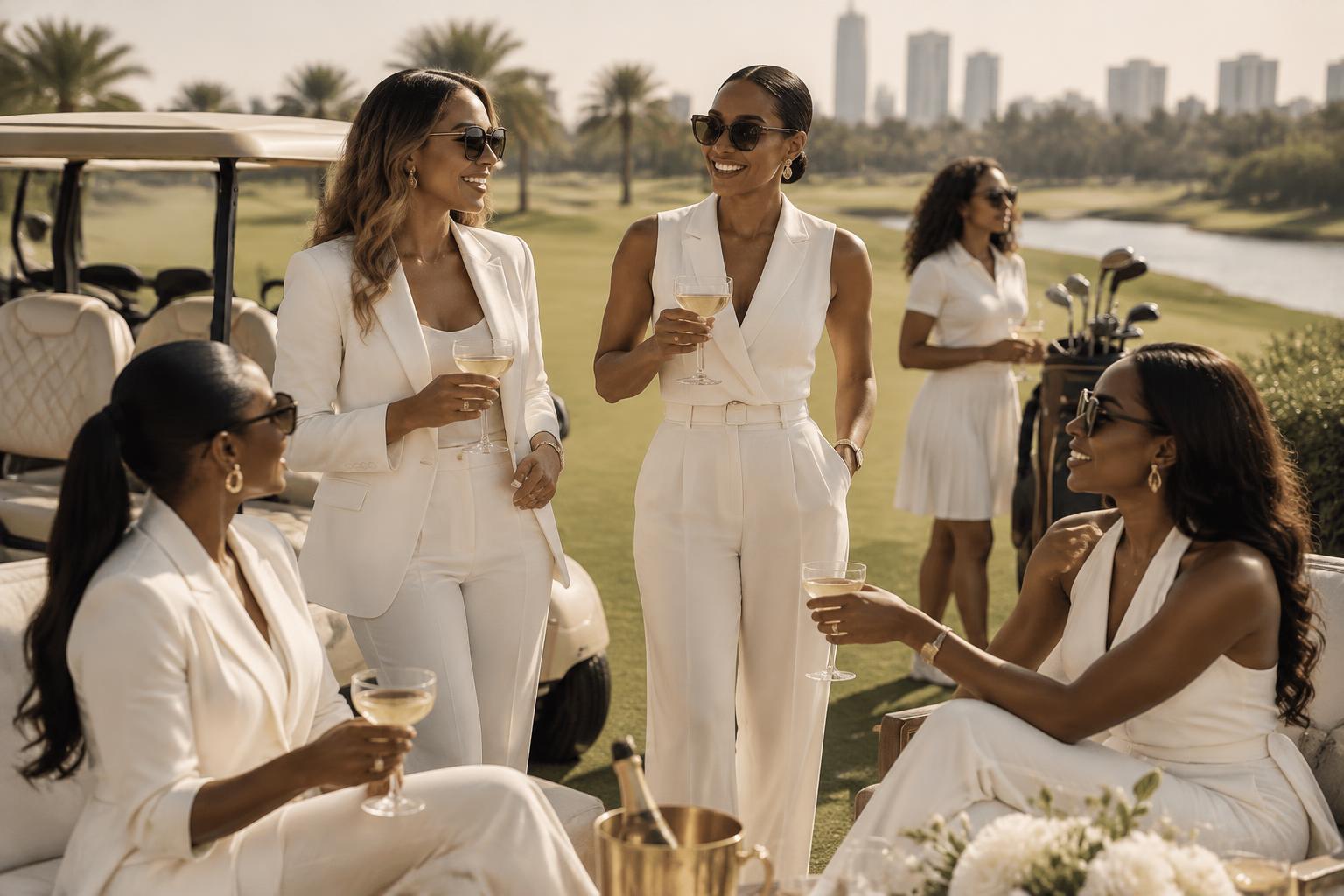 Femmes en tenues blanches réunies autour d’une coupe de champagne sur un golf